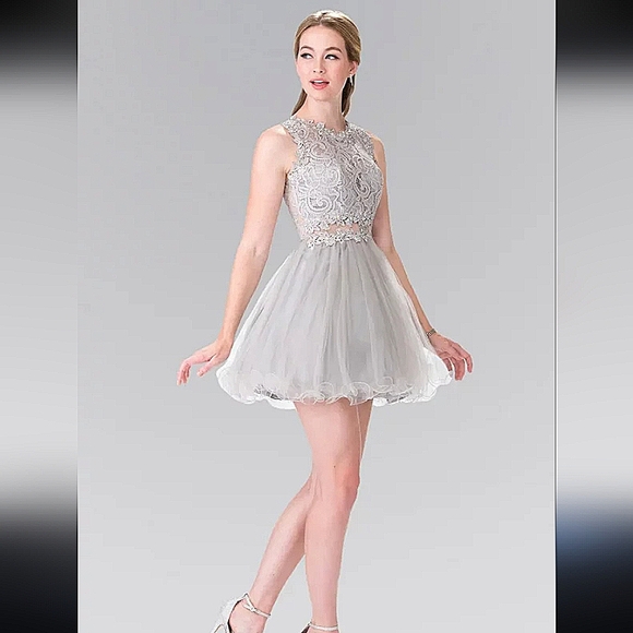 Elizabeth K Silver Lace Mini Dress Sz Medium - Picture 1 of 7